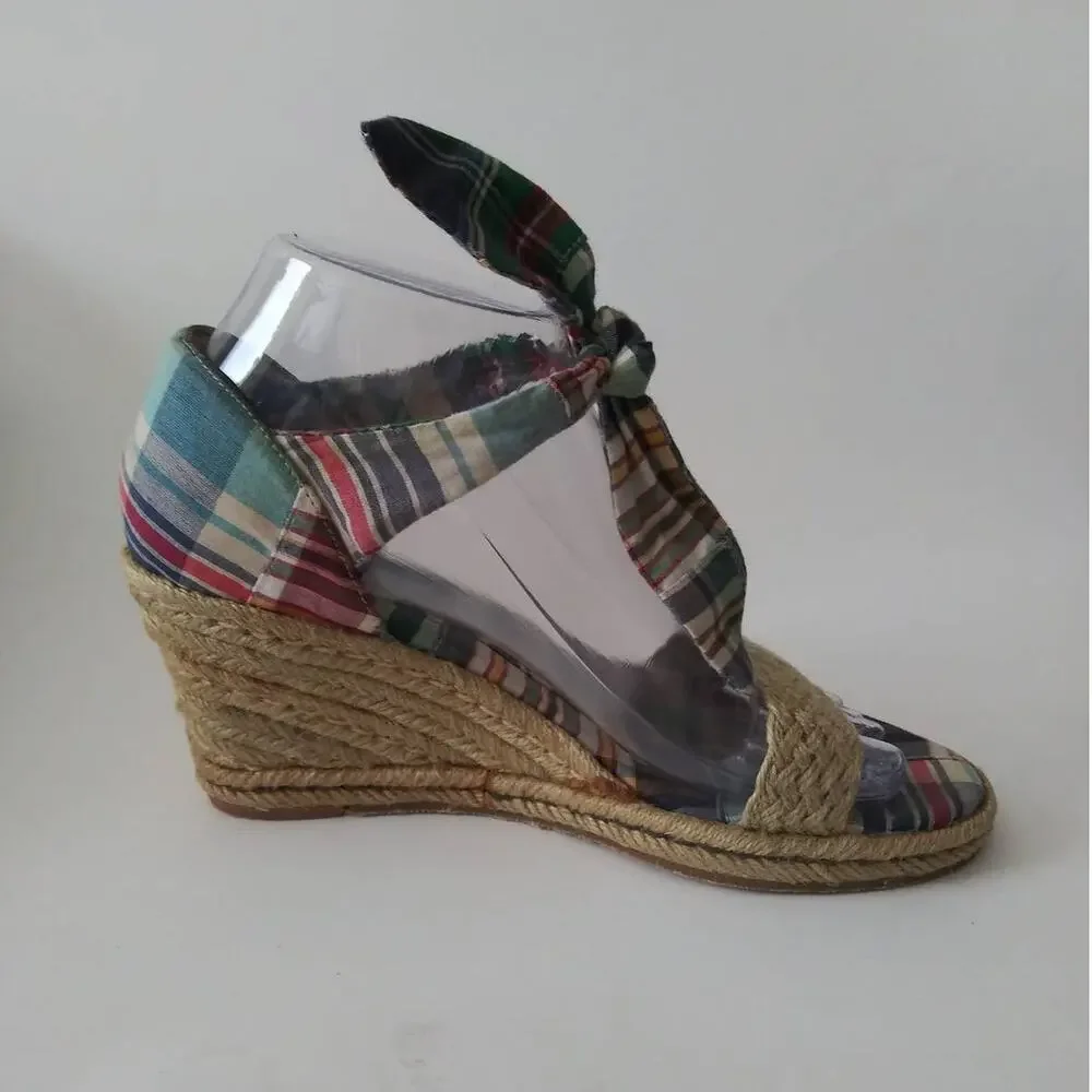 Tommy Hilfiger Plaid Tie Espadrilles Wedge Sandals Y2K Size 7
